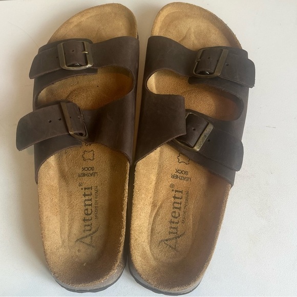Autenti Brown Leather Double Buckle Sandals Cork Soles Size 10 - Picture 5 of 16